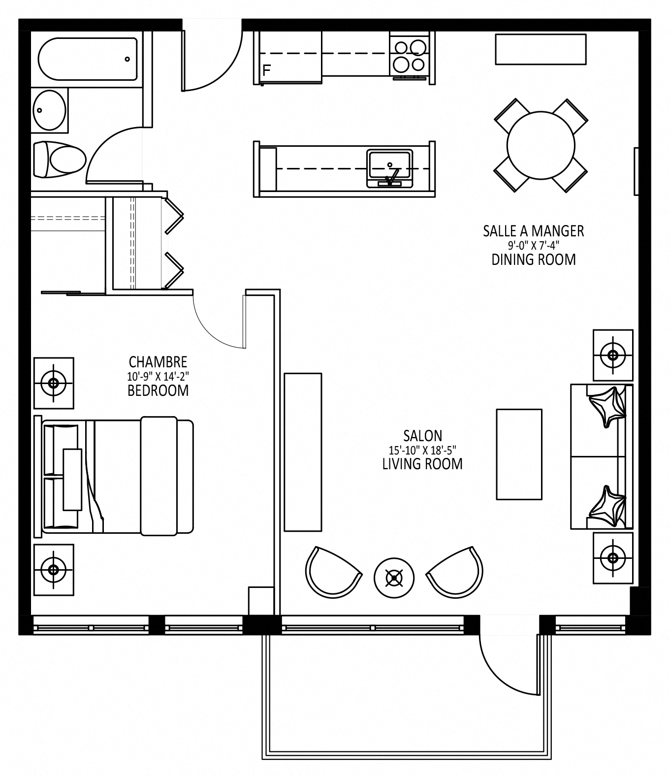Floor plan for 1 bed, 1 bath, 701 sqft